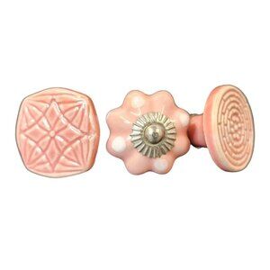 Set of 3 Pink Ceramic Knobs Decorative Drawer Pulls Geometric Floral Design Vint